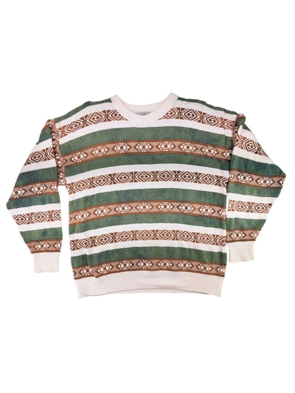 Vintage Van Heusen 417 Sweater Men Medium Striped Green Brown Grandpa Geometric